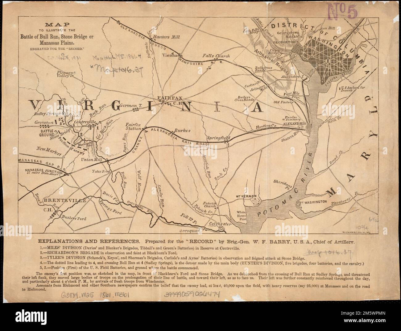 Map to illustrate the battle of Bull Run, Stone Bridge or Manassas Plains. Relief shown by hachures. Below map: Explanations and references prepared for the 'Record' by Brig.-Gen. W.F. Barry, U.S.A. chief of artillery. In lower right corner of map: Richardson, N.Y. Map covers area from Washington to Groveton.. Torn in Two: This map, prepared by a Union artillery officer, focuses less on the battle action, but demonstrates its strategic significance in relation to Washington, DC. Charged with defending the nation’s capital, Union troops hoped to gain a quick victory over Confederate troops. Ant Stock Photo