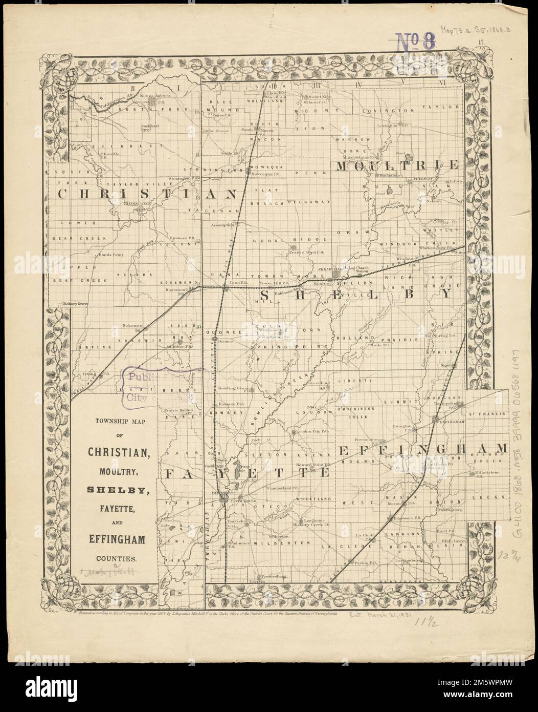 Township map of Christian, Moultry, Shelby, Fayette, and Effingham Counties. In upper right: 15. Stamped in purple in upper right: No. 8. Part of a collection of maps of Illinois counties.... , Illinois  , Christian  ,county  Illinois  , Effingham  ,county  Illinois  , Fayette  ,county  Illinois  , Moultrie  ,county  Illinois  , Shelby  ,county Stock Photo