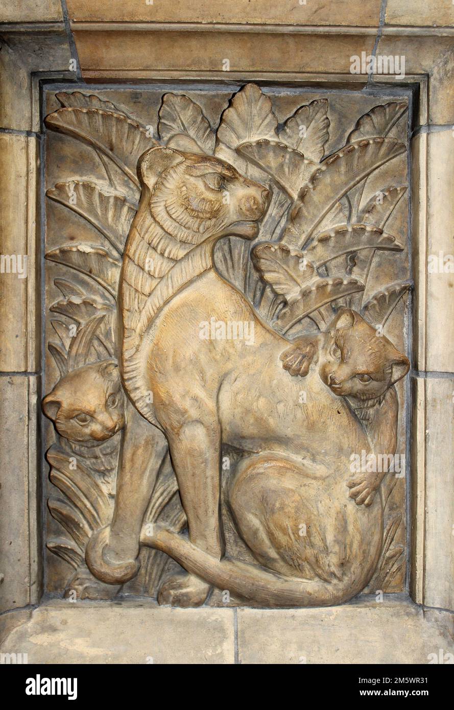 Stone Carving Lioness and Cubs Natural History Museum London Stock Photo