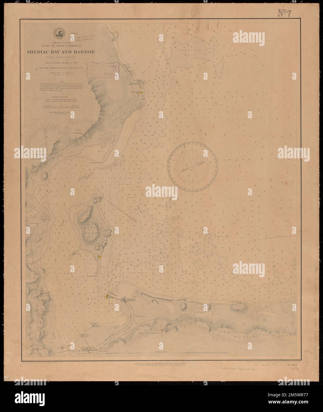 Dominion of Canada, Gulf of Saint Lawrence, Shediac Bay and Harbor (New Brunswick) : from a British survey in 1885. Relief shown by hachures and spot heights. Depths shown by soundings and form lines... Shediac Bay and Harbor (New Brunswick). Shediac Bay and Harbor (New Brunswick), Canada  , Province of New Brunswick  ,province   , Shediac Stock Photo