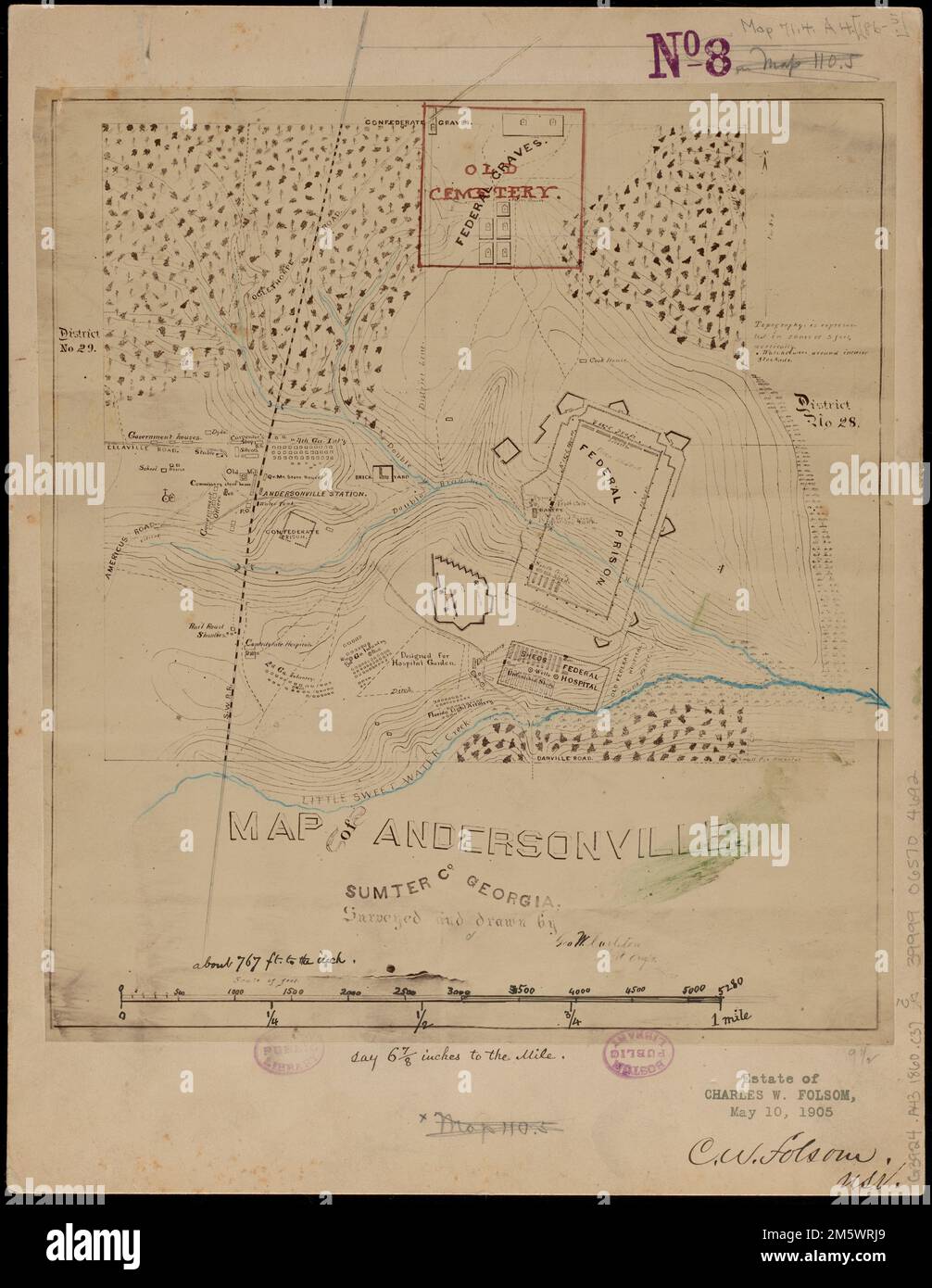Map of Andersonville, Sumter Co., Georgia. Manuscript map in ink showing Andersonville and the military prison and graveyard used by the confederates during the American Civil War. Relief shown by contours. Carleton sent to Andersonville in May 1865 to produce a topographical survey of the prison and its surroundings, and submitted map and field notes to Major General H. Wilson before his release in June 1865.... , Georgia  , Sumter  ,county   , Andersonville National Historical Site Georgia  , Sumter  ,county   , Andersonville Stock Photo