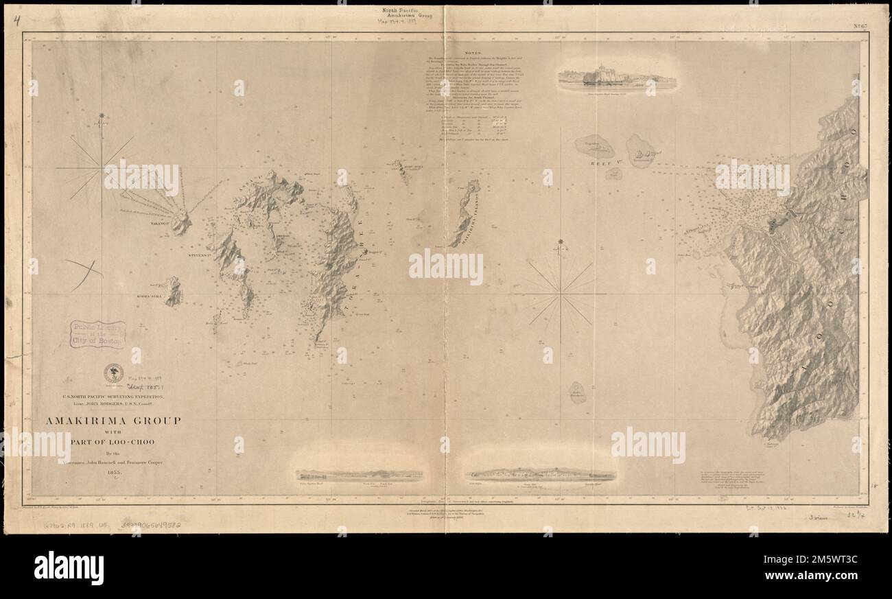 U.S. North Pacific Surveying Expedition ... Amakirima Group with part of Loo-Choo by the Vincennes, John Hancock and Fenimore Cooper, 1855. Relief shown by shading and soundings. Insets: 3 coastal views. Projected by E. R. Knorr. Views by Edwd. M. Kern. Reduced by Louis Waldecker. Model and engraving by Frhr. F. W. von Egloffstein. Corrected March 1873. Number 67 in charts from U.S. Navy expeditions to the Pacific, 1838-59.... , Japan  , Ryukyu Islands  ,area Stock Photo