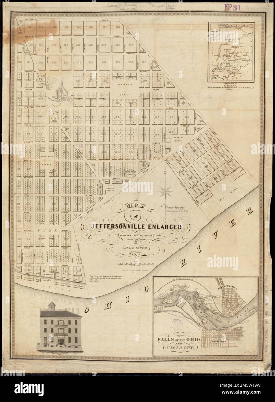 Map of Jeffersonville enlarged. Insets Outline map of Indiana shewing