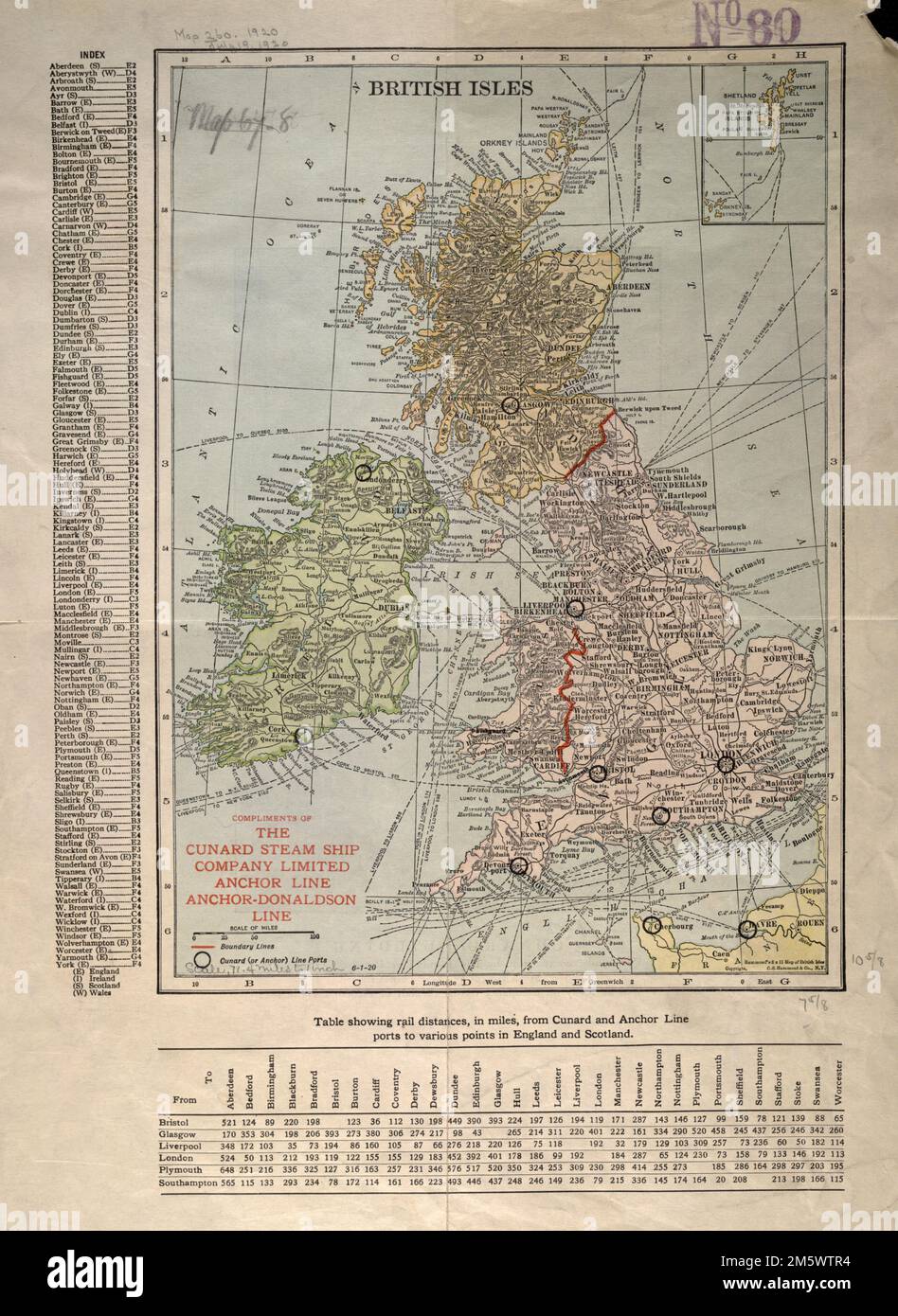 British Isles. Relief shown by hachures. Includes index and table showing rail distances. Exhibited in “Faces and Places,” at the Boston Public Library, Boston, MA, October 2003 - September 2004. MB (BRL). Published for the Cunard Steam Ship Company in the 1920s, this map locates the company's ports in the British Isles. It also displays the various routes connecting these ports with each other and other ports in Europe and America. Established in 1840 primarily as a mail line, by 1920 the Cunard Steam Ship Company was the premier trans-Atlantic cruise line, boasting among its fleet such famed Stock Photo