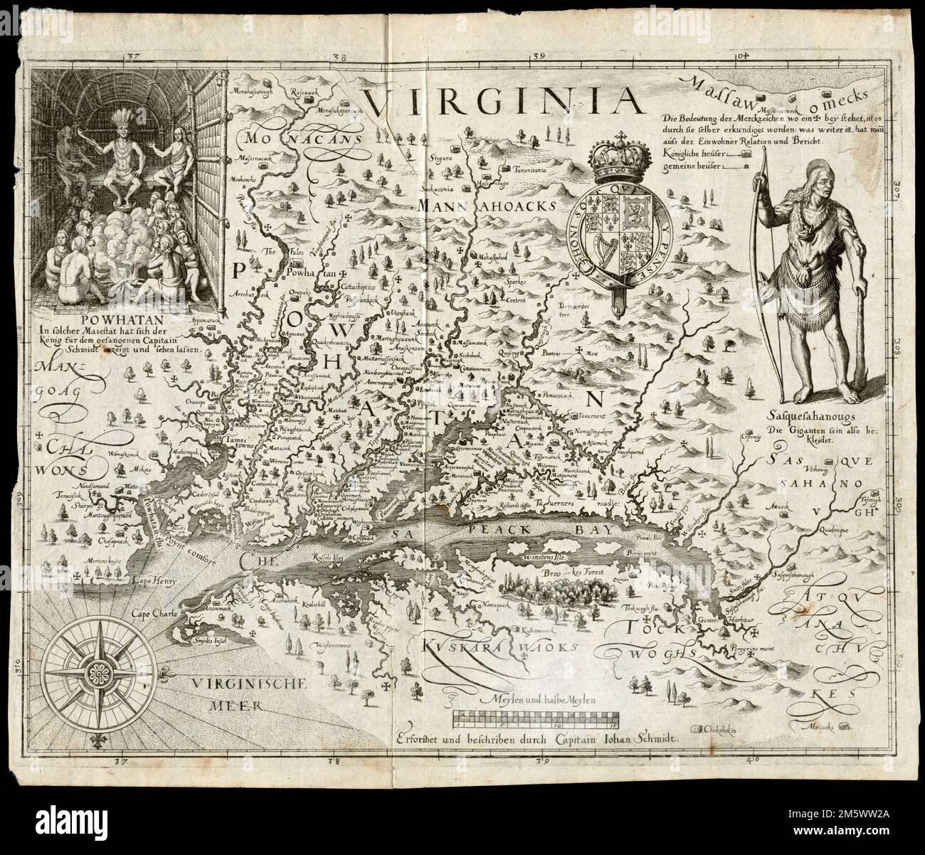 Virginia Relief shown pictorially - Virginia Relief Shown Pictorially Oriented With North To The Right Derivative 3 Of Smiths Map Of Virginia According To Verner Tooley From De Brys Newe Welt Und Americanische Historien Includes Ill And Coat Of Arms Virginia 2M5WW2A