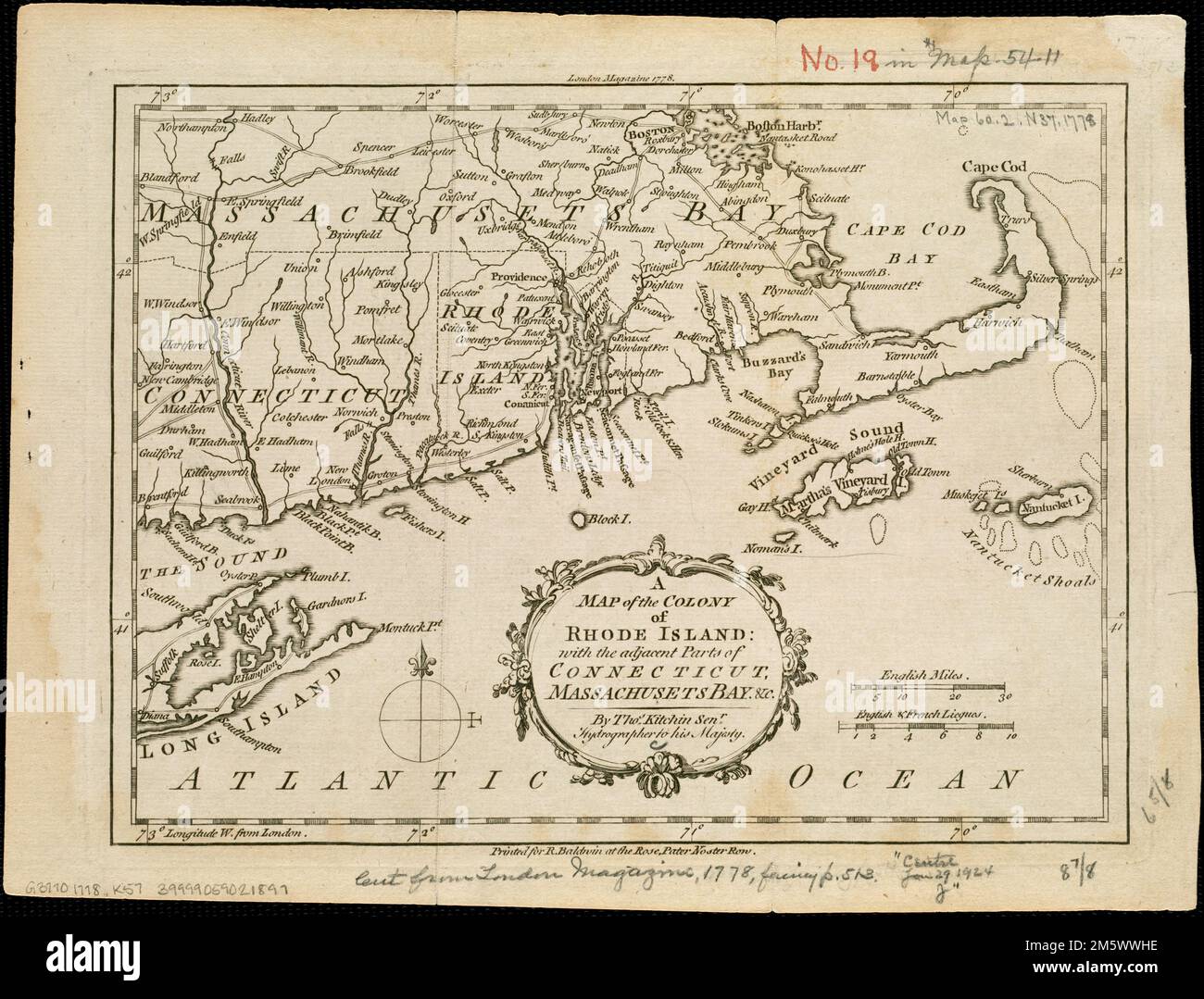A map of the colony of Rhode Island : with the adjacent parts of Connecticut, Massachusetts Bay, &c. London Magazine 1778--Upper margin.. Includes Connecticut as far west as Branford and Farmington; Massachusetts extending west to the Connecticut River Valley and north to Boston, including Cape Cod, Martha's Vineyard, and Nantucket; and the eastern end of Long Island... , Massachusetts New England  ,area  Rhode Island Connecticut Stock Photo