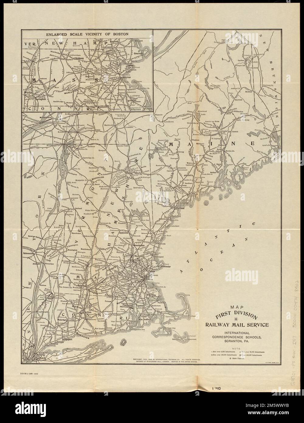 Map first division railway mail service. Inset: Enlarged scale vicinity of Boston. Copyright assigned to the International Textbook Company. 'Entered at Stationers' Hall, London -- Printed in the United States.' 'ICSRL 129B-3242.'. Map showing the railway mail system of New England.. First Division railway mail service Div. 1. First Division railway mail service Div. 1, New England  ,area Stock Photo