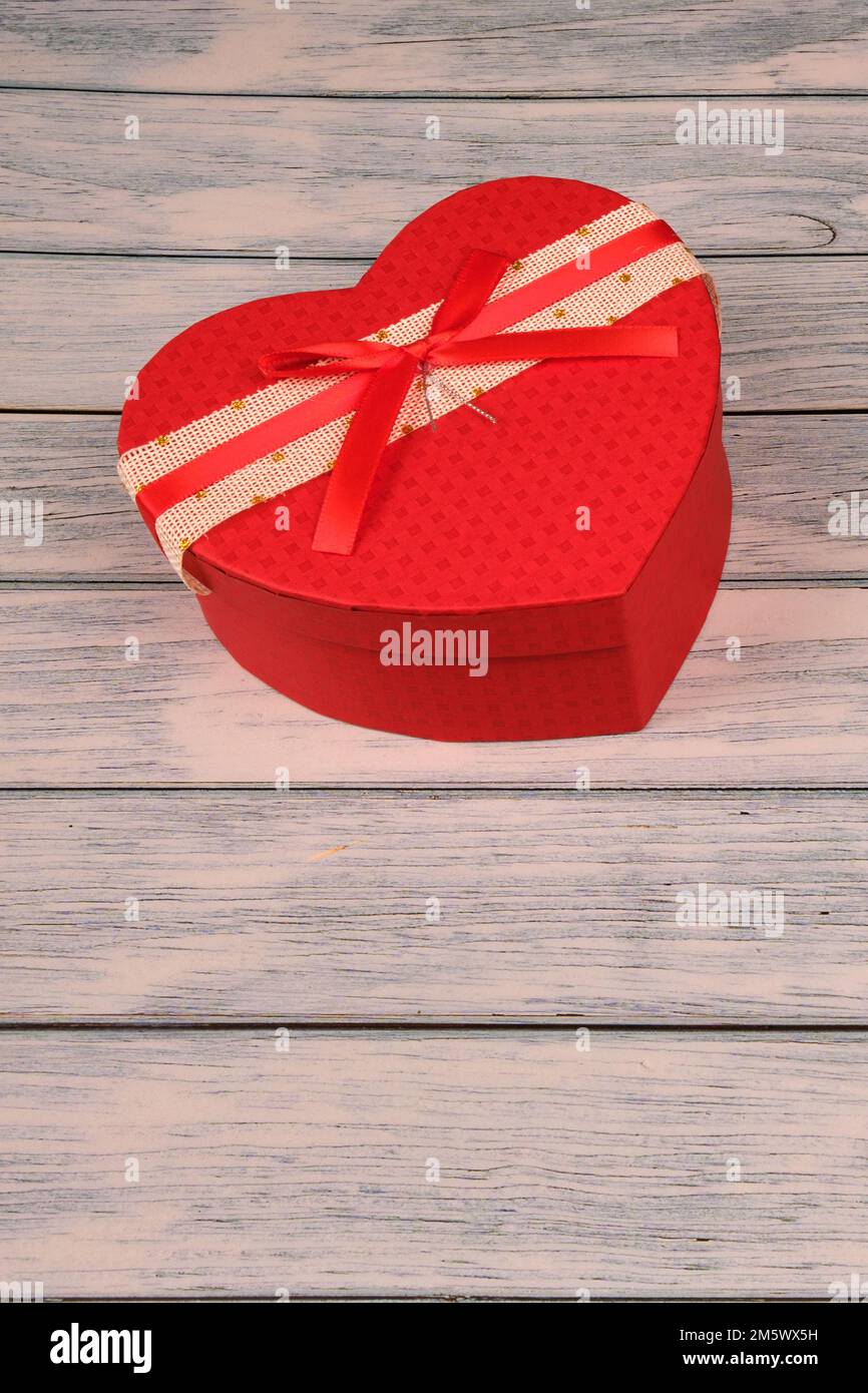 Close up of red heart on wooden table. Love, valentine's day concept Stock Photo