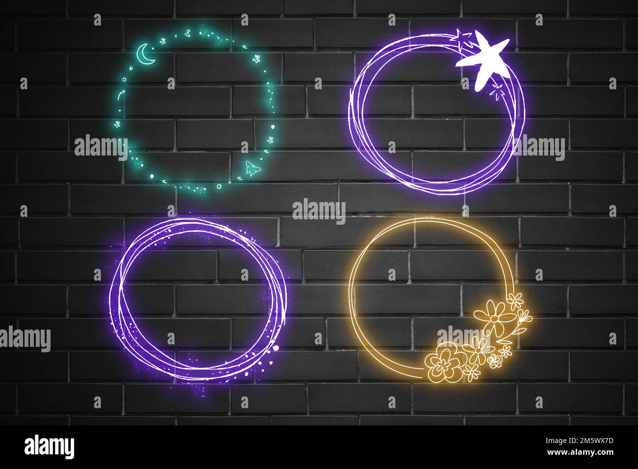 Vector neon frame floral planet glowing border collection Stock Vector