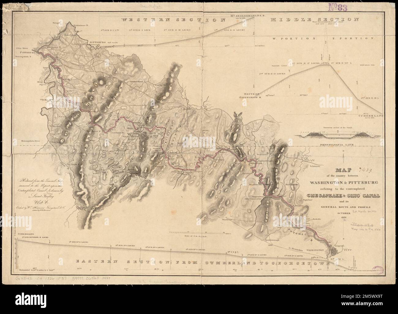 Map of the country between Washington - Map Of The Country Between Washington Pittsburg Refering To The Contemplated Chesapeake Ohio Canal And Its General Route And Profile October 1826 Relief Shown By Hachures Includes Profile Diagram In 3 Sections And Transverse Section Diagram Chesapeake And Ohio Canal 2M5WX9T 