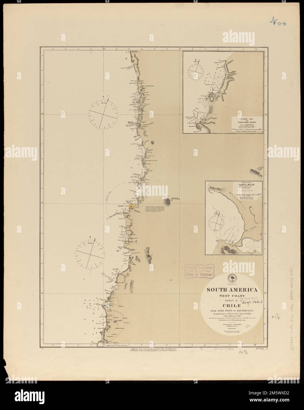 South America, west coast : republication of Brit. Admty. chart no. 1282, with additions to 1876. Relief shown by hachures and spot heights. Depths shown by soundings. Insets: Tuman Bay and Topocalma Roads -- Papudo Bay, Ligua Road... Chile, from Lora Point to Maytencillo. Chile, from Lora Point to Maytencillo, Chile  , Libertador General Bernardo O'Higgins  ,region   , Topocalma, Caleta  ,cove  Chile  , Valparaíso  ,region   , La Ligua, Caleta de  ,bay Stock Photo