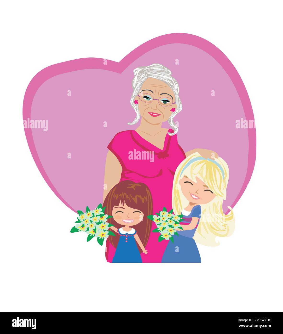 Happy Grandmas Day - happy grandmother hugs her granddaughters Stock