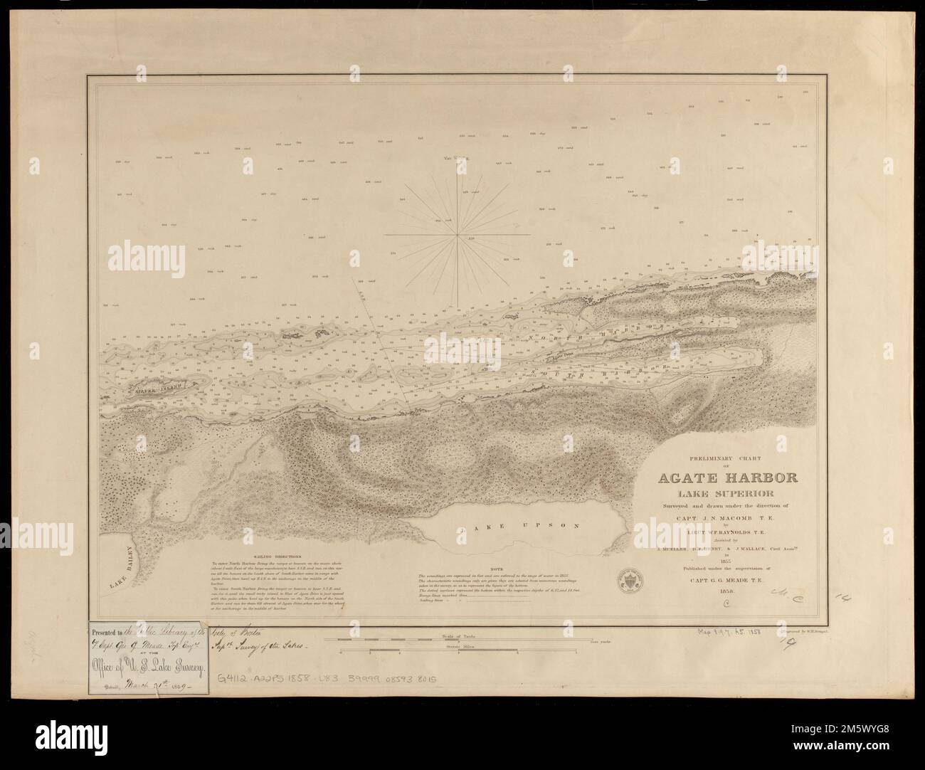 Preliminary chart of Agate Harbor, Lake Superior. Relief shown by hachures. Depths shown by soundings in feet. Includes sailing directions and note. On label pasted in lower left corner: Presented to Library of the Ills. End'l University, Detroit, Feb. 18, 1918, C.B. Comstock, Survey N. & N.W. Lakes... Agate Harbor, Lake Superior. Agate Harbor, Lake Superior, Michigan  , Keweenaw  ,county   , Agate Harbor  ,bay Stock Photo