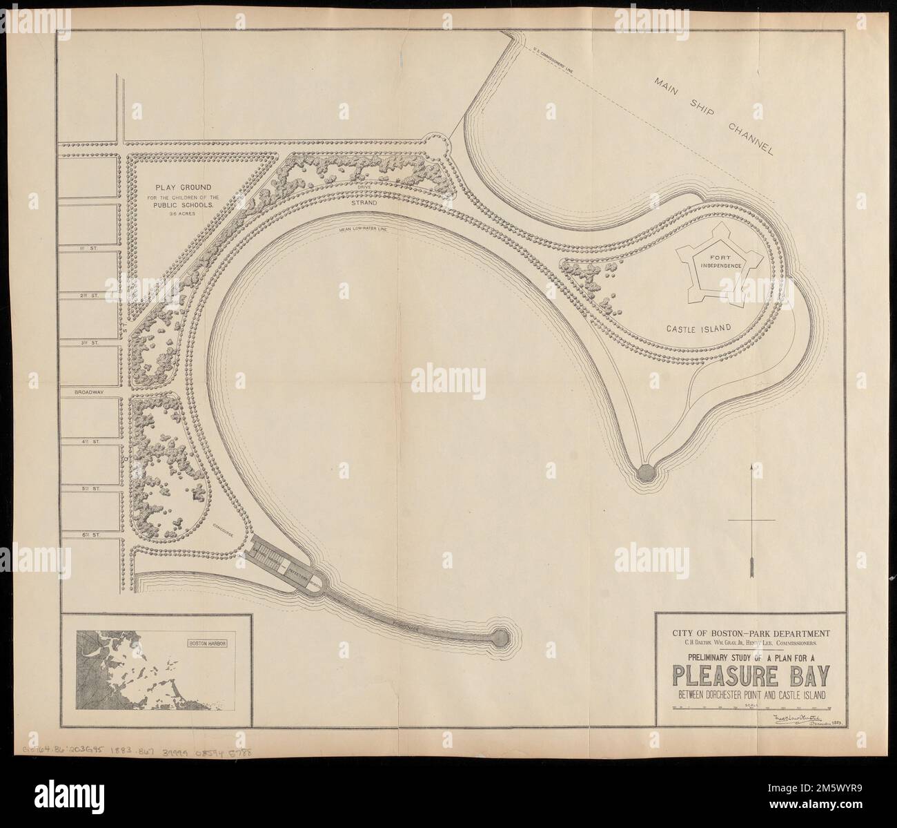 Preliminary study of a plan for a Pleasure Bay between Dorchester Point and Castle Island. Conservation of this piece was funded by an anonymous donor. Inset: Boston Harbor. From City of Boston 9th annual report, 1884.. Olmsted envisioned Marine Park as the final jewel in the Emerald Necklace, linked to Franklin Park by a greenway along Columbia Road. The greenway was never constructed and Marine Park remains disconnected from the park system. However, the City of Boston has proposed a green link along Columbia Road to realize Olmsted’s vision. Shown here, Olmsted’s plan expanded City Point, s Stock Photo