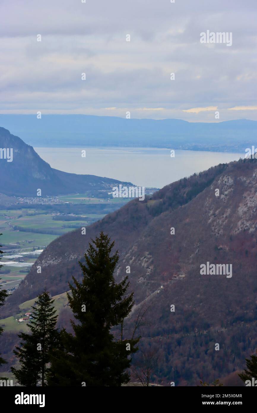 Lake Geneva seen from the village of Les Ecovets above Villars sur Ollon in Switzerland. Stock Photo