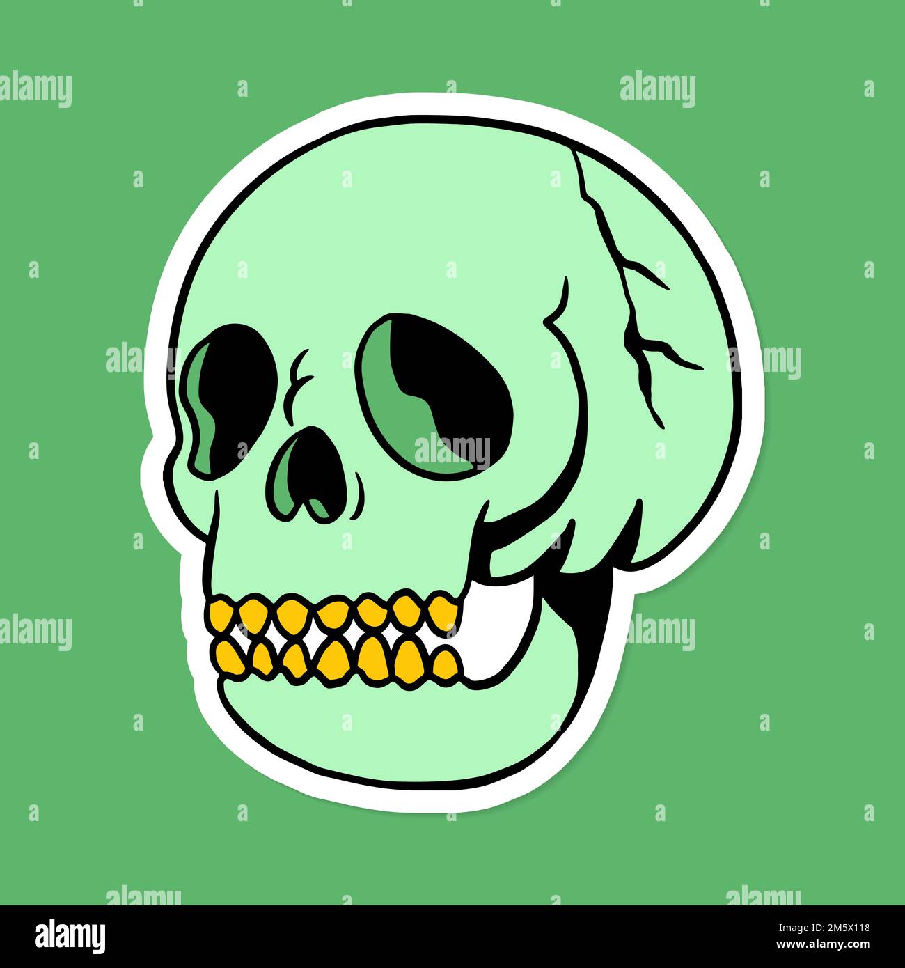 Green skull with gold teeth sticker with a white border Stock Vector