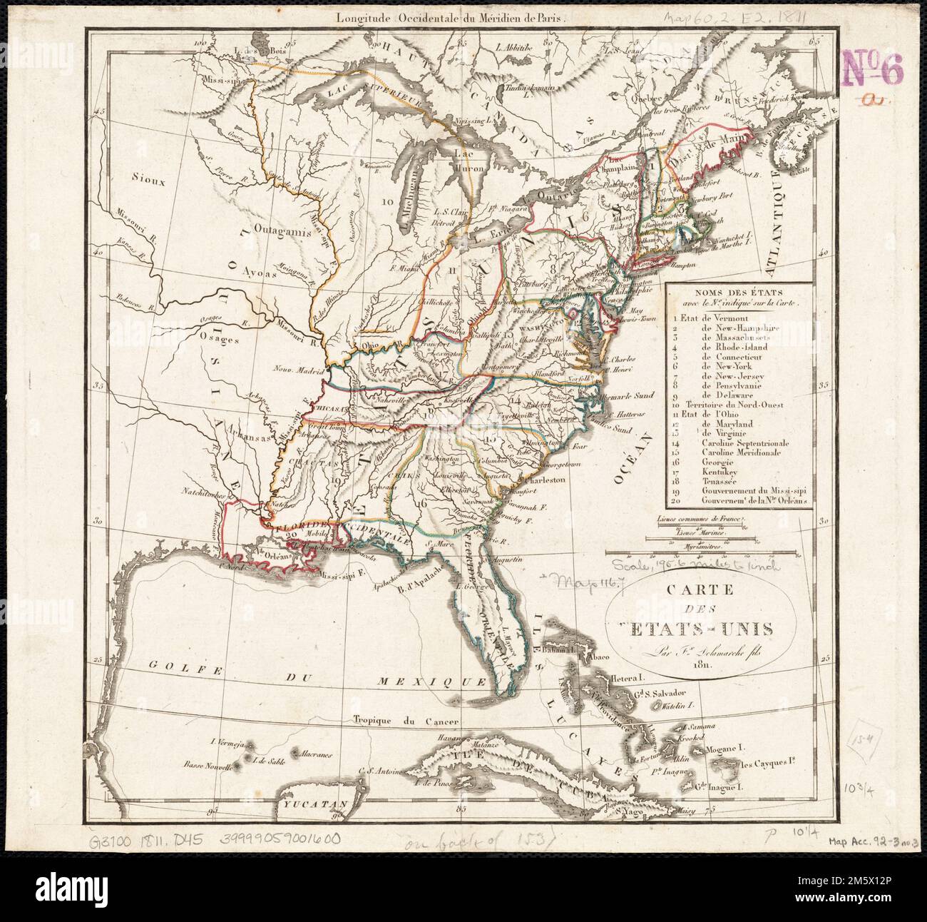 Carte des EtatsUnis. Relief shown pictorially. Includes index. "Longitude occidentale du