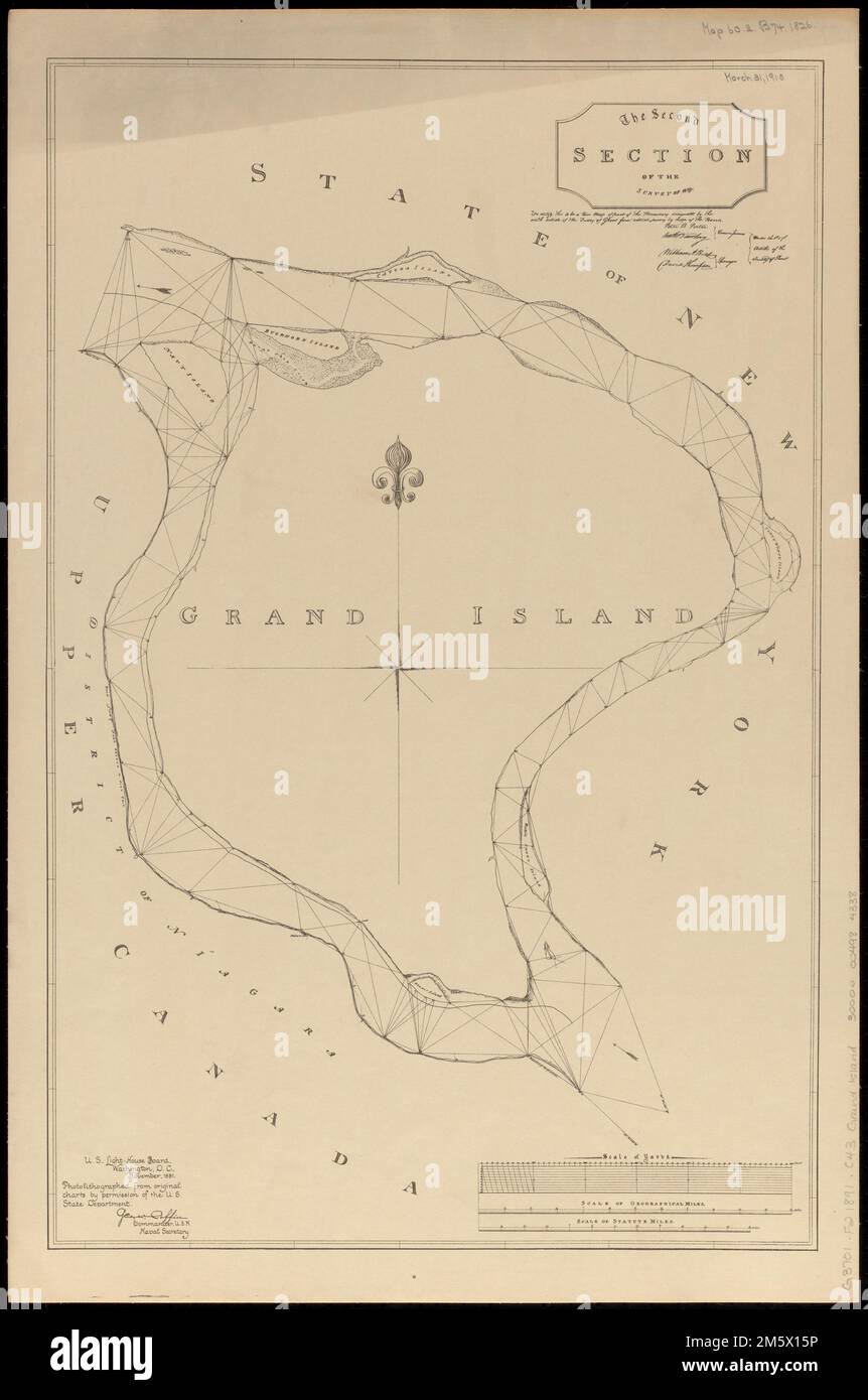 The second section of the survey - The Second Section Of The Survey Of 1819 We Certify This To Be A True Map Of Part Of The Boundary Designated By The Sixth Article Of The Treaty Of Ghent From Actual Survey By Order Of The Board Photolithographed From Original Charts By Permission Of The Us State Department Part Of A Set Of Maps Charts For The International Boundary Between The United States And The Dominion Of Canada Grand Island Grand Island New York Erie County Grand Island Island 2M5X15P