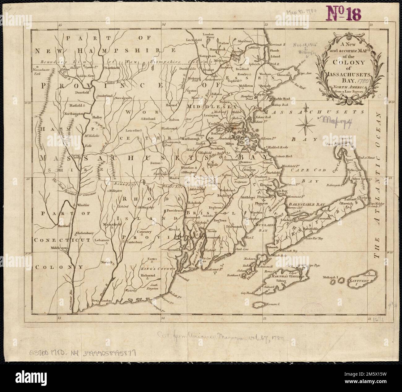 A new and accurate map of the colony of Massachusets Bay, in North America, from a late survey. Covers eastern Massachusetts, Rhode Island, eastern Connecticut, and small portions of New Hampshire and Vermont. Relief shown pictorially. From Universal magazine of knowledge and pleasure, vol. 66, Dec. 1780, opposite p. 281. Prime meridian: Ferro... New and accurate map of the colony of Massachusetts Bay. New and accurate map of the colony of Massachusetts Bay, Massachusetts Rhode Island Connecticut Stock Photo