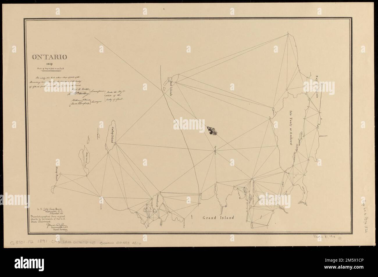 Ontario 1819 Covers northeastern - Ontario 1819 Covers Northeastern Lake Ontario From Amherst Island East We Certify This To Be A True Map Of Part Of The Boundary Designated By The 6th Article Of The Treaty Of Ghent From Actual Survey By Order Of The Board Photolithographed From Original Charts By Permission Of The Us State Department Part Of A Set Of Maps Charts For The International Boundary Between The United States And The Dominion Of Canada Ontario Lake 2M5X1CP 