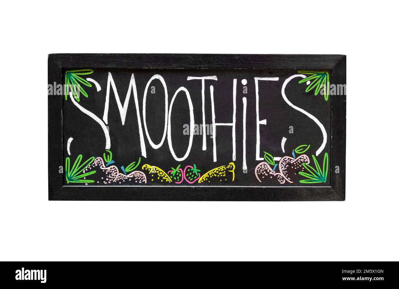 Smoothies available chalkboard sign isolated on white background, healthy drink invitation on blackboard Stock Photo