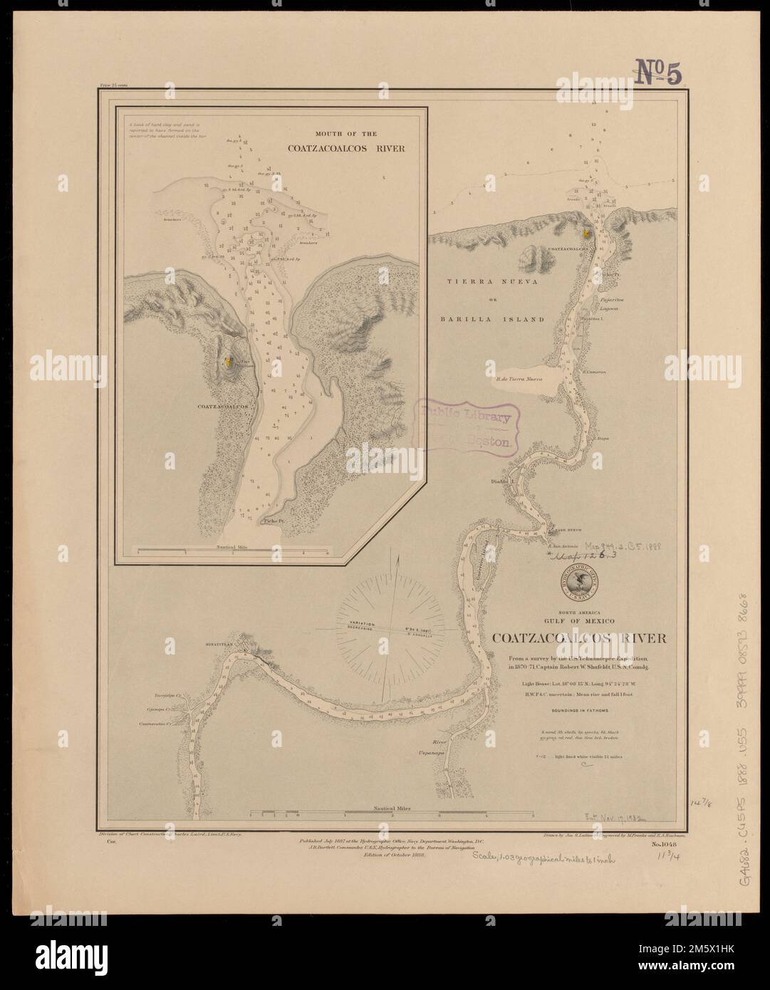 North America, Gulf of Mexico, Coatzacoalcos River : from a survey by the U.S. Tehuantepec Expedition, in 1870-71, Captain Robert W. Shufeldt, U.S.N., comdg. Relief shown by shading and form lines. Depths shown by soundings and isolines. Inset: Mouth of the Coatzacoalcos River... Coatzacoalcos River. Coatzacoalcos River, Mexico  , México  , Coatzacoalcos, Río  ,stream Stock Photo