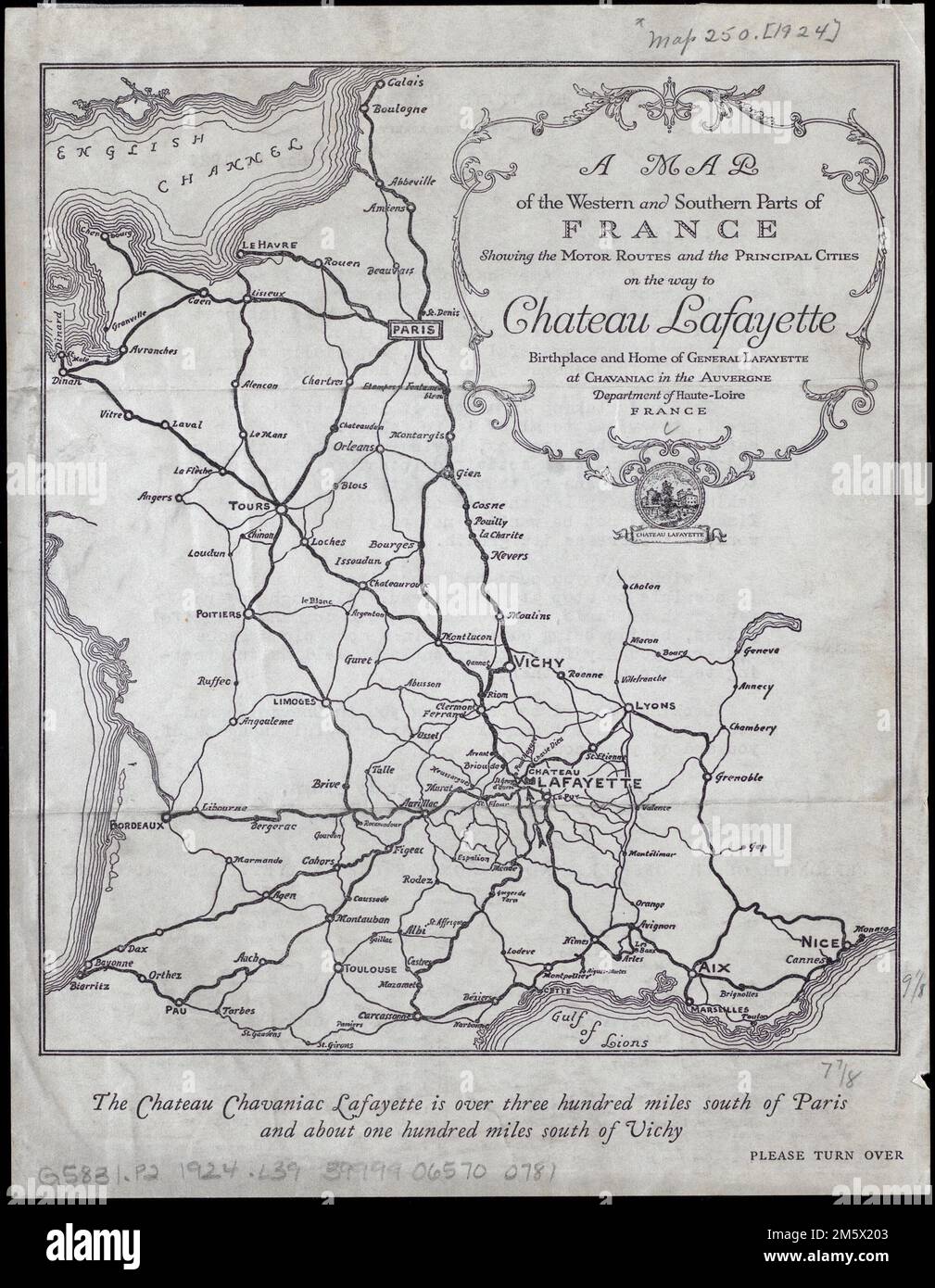 A map of the western and southern parts of France showing the motor routes and the principal cities on the way to Chateau Lafayette : birthplace and home of General Lafayette at Chavaniac in the Auvergne Department of Haute-Loire, France. Letter dated May 8, 1924 from the Lafayette Memorial typed on verso.... , France Stock Photo