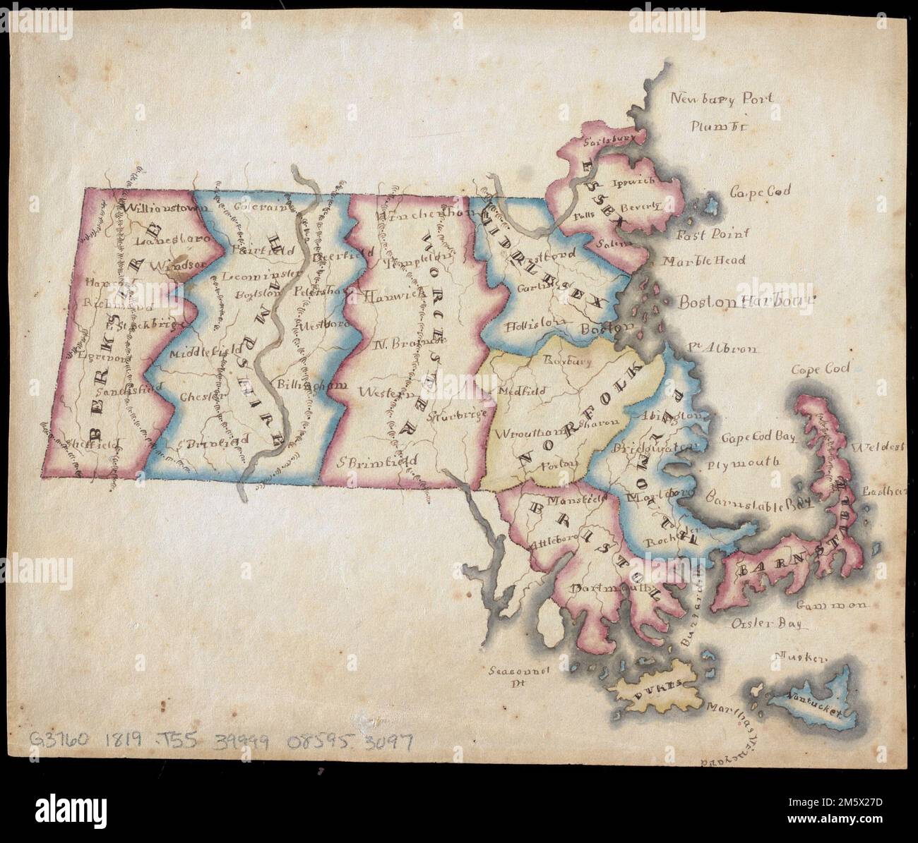 Map of Massachusetts. Manuscript map drawn by a schoolgirl in ink and ...