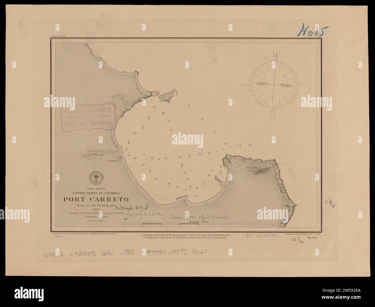 South America, United States of Colombia, Port Carreto : from an old Spanish plan 1886. Relief shown by hachures. Depths shown by soundings... Port Carreto. Port Carreto, Panama  , San Blas  ,special territory  Bahía de Carreto Stock Photo