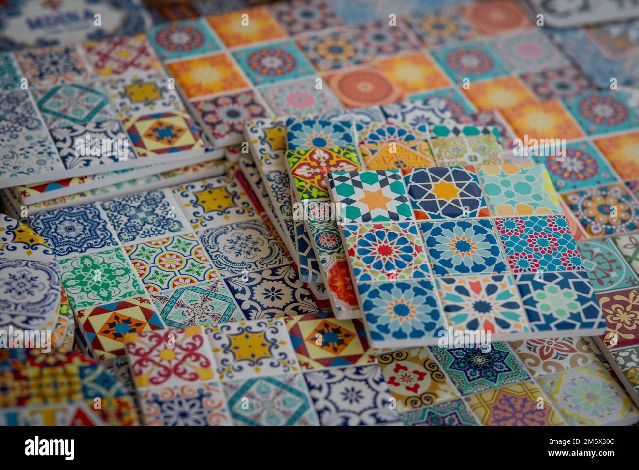 Typical colorful ceramic tiles on island of Malta. Multi coloured ceramic tiles as mostly seen in the island of malta or some arabic countries. Stock Photo