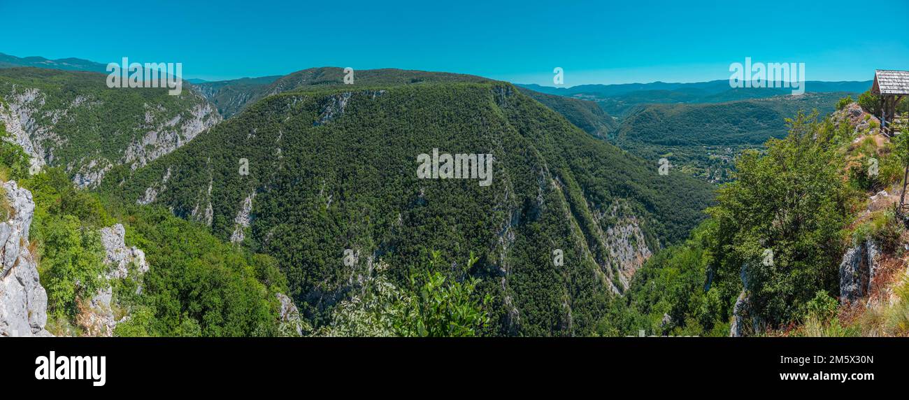 Panorama view of MArtin brod gorge in western bosnia on a sunny day, visible deep valley with monastery below. Stock Photo