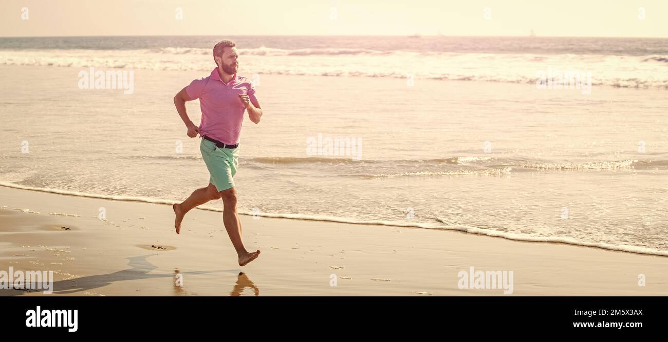 Man running and jumping, banner with copy space. energetic summer