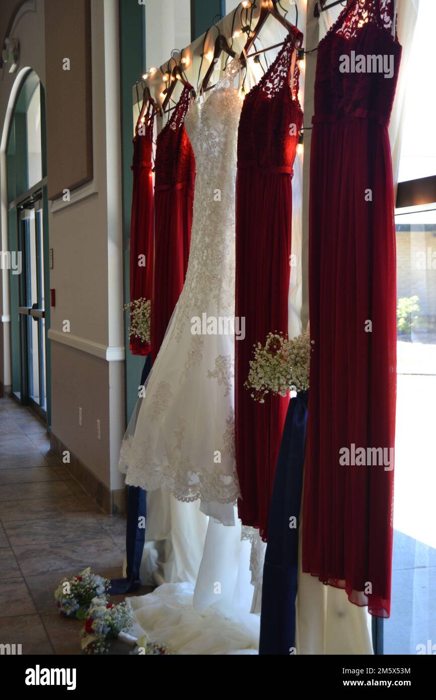 Bride and bridal party gowns on display Stock Photo
