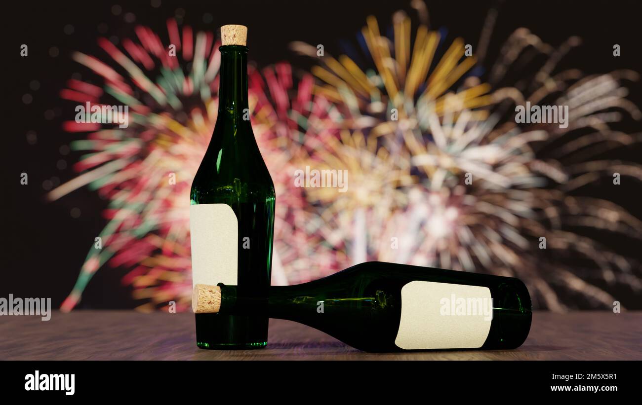 Two bottles of champagne and fireworks in the background Stock Photo