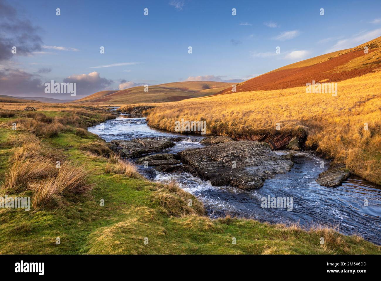 The Elan River flowing through Elan Valley, Powys, Wales Stock Photo