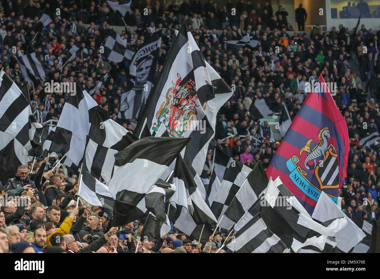 Newcastle United fans with a tifo display ahead of the Premier League match Newcastle United vs Leeds United at St. James's Park, Newcastle, United Kingdom, 31st December 2022  (Photo by Mark Cosgrove/News Images) Stock Photo