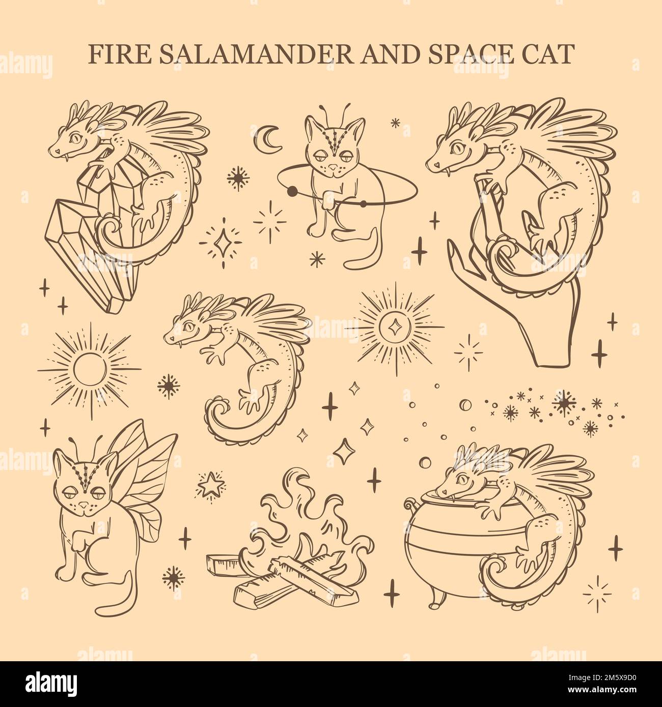 FIRE SALAMANDER AND SPACE CAT Astrological Character Variations Symbol Set Card Occult Esoteric Witchcraft Hand Drawn Alchemist Objects Sketch Design Stock Vector