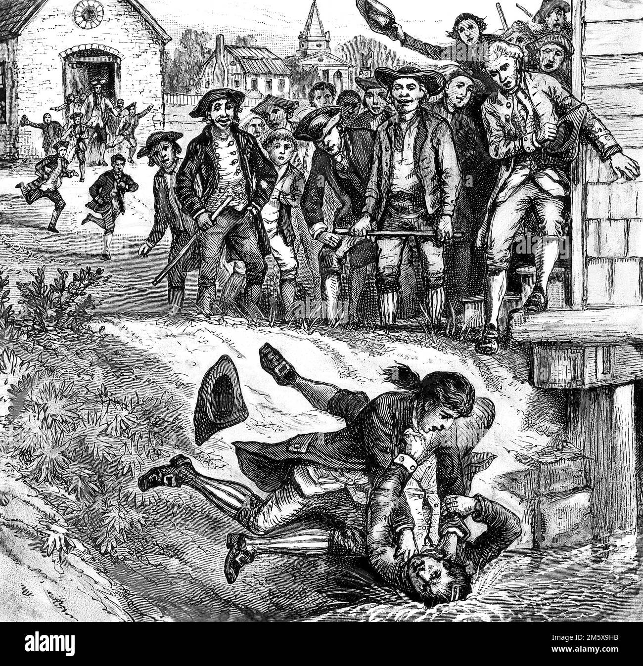 Shays' Rebellion. An 1881 illustration of Daniel Shays' protesters taking down a tax collector in 1787 Stock Photo