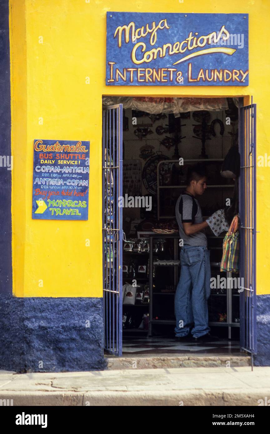 Honduras, Copan.  Laundry and Internet Cafe. Stock Photo