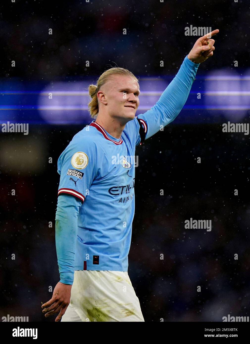 Manchester City's Erling Haaland celebrates winning a free kick during