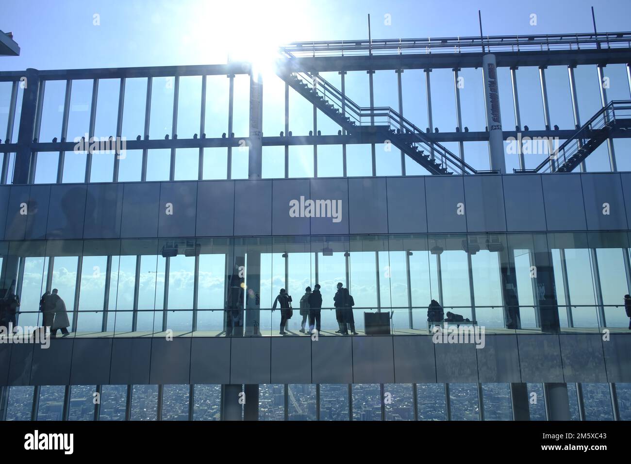 Visitors look at a panoramic view of the city from Abeno Harukas deck