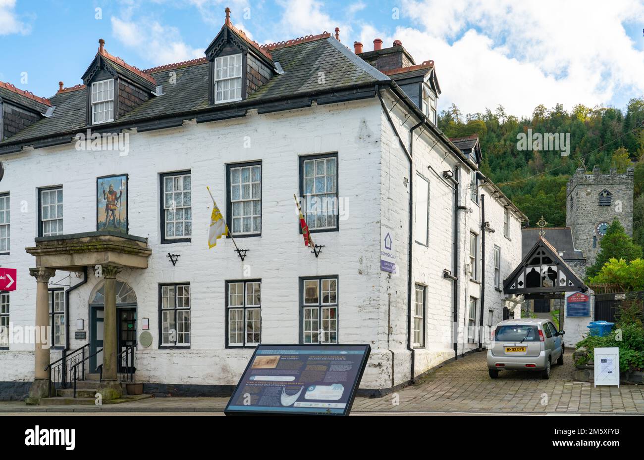 Owain Glyndwr Hotel, on the A5 Trunk Road in Corwen, North Wales. Image ...