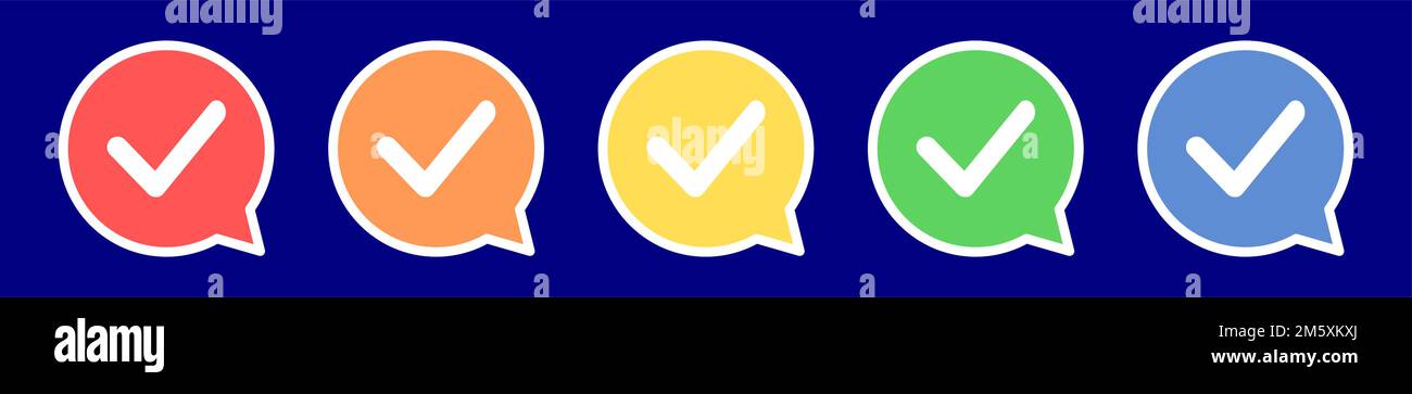 Speech bubble check mark icon. Confirmation icon in various colors. Stock Vector