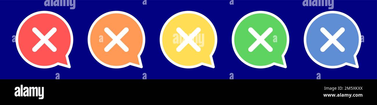 Speech bubble cancel icon. Error icon in various colors. Stock Vector