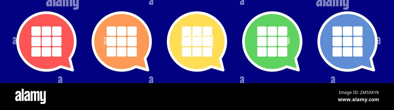 Speech bubble options icon. More options icon in various colors. Stock Vector