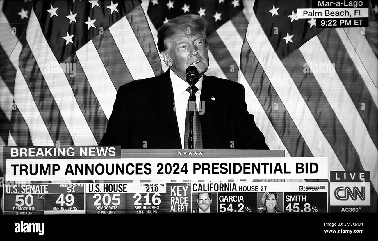 A CNN television screenshot of Donald Trump announcing his 2024