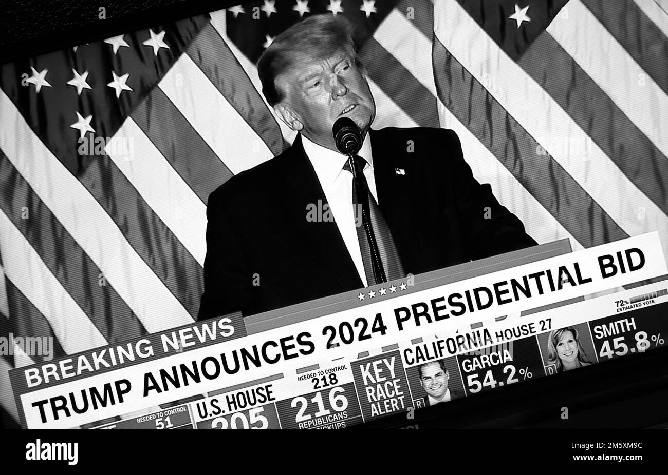 A CNN television screenshot of Donald Trump announcing his 2024