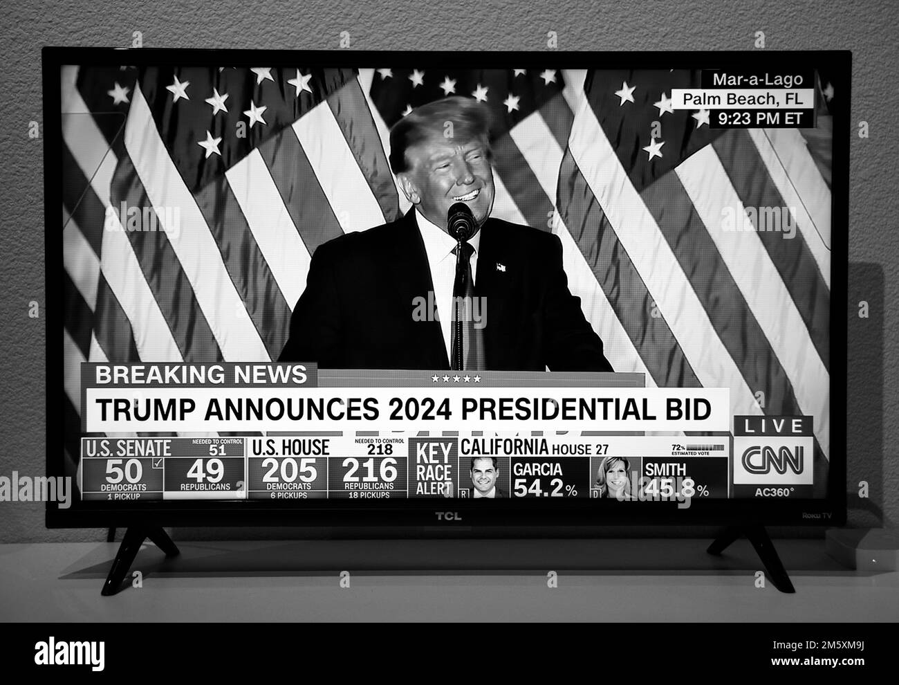 A CNN television screenshot of Donald Trump announcing his 2024 presidential bid at his estate