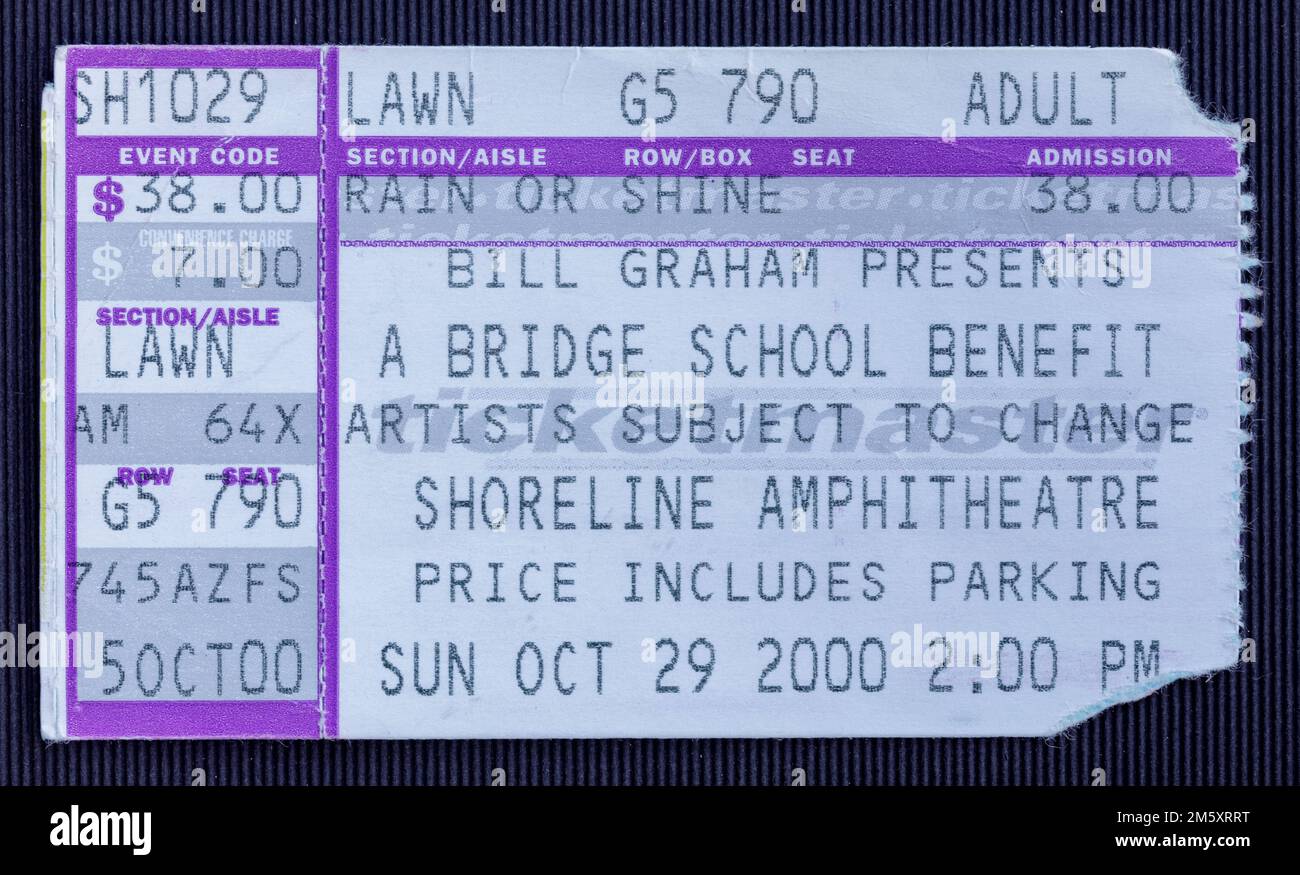 Mountain View, California - October 29, 2000 - Old used ticket for Bridge School Benefit XIV concert at Shoreline Amphitheatre Stock Photo