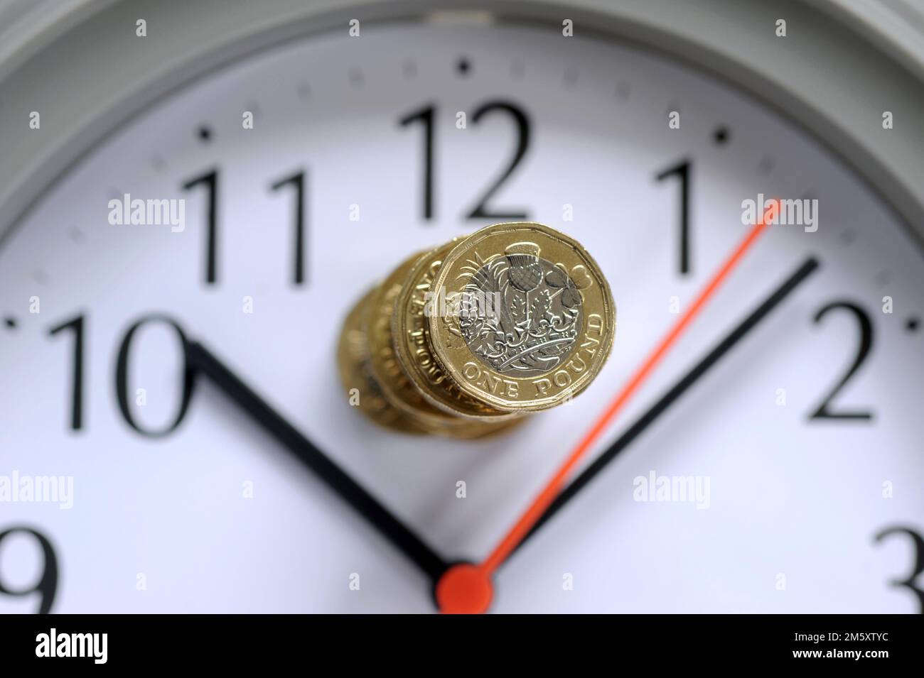 STACK OF ONE POUND COINS ON CLOCK FACE RE COST OF LIVING CRISIS PENSIONS INCOME INFLATION HOUSEHOLD BUDGETS ETC UK Stock Photo